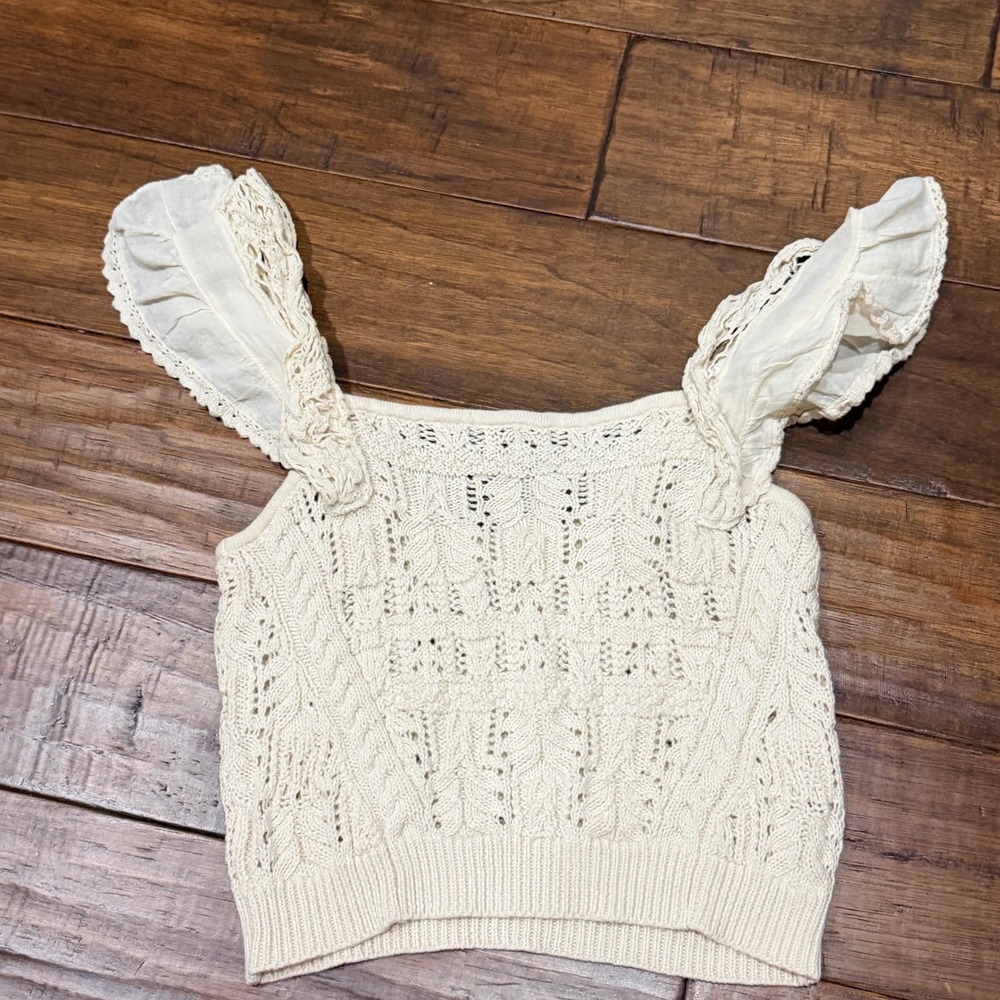 Anthropologie Ruffled Garden Crochet Knit Tank Cream Square Neck Pointelle XS - Picture 3 of 9
